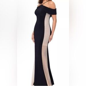 Xscape Black Nude Silver Faraj Side Crystal Beaded Cold Shoulder Gown NWT sz 10